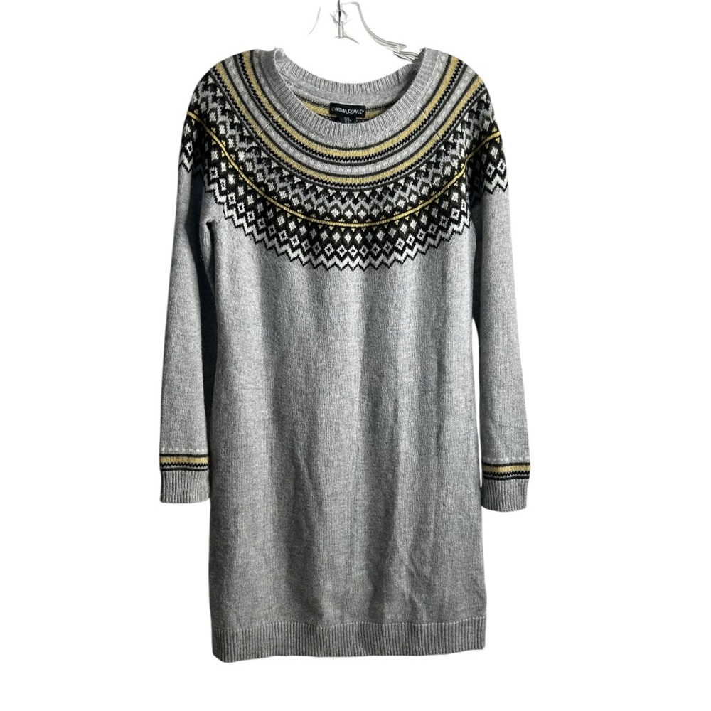 Cynthia Rowley Grey Sweater Dress Fair Isle Neck Size Medium